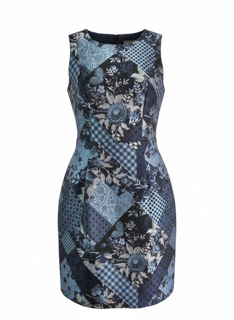 Vince Camuto Blue Black Patchwork Floral Fit & Flare Sleeveless Dress Size 0 EUC